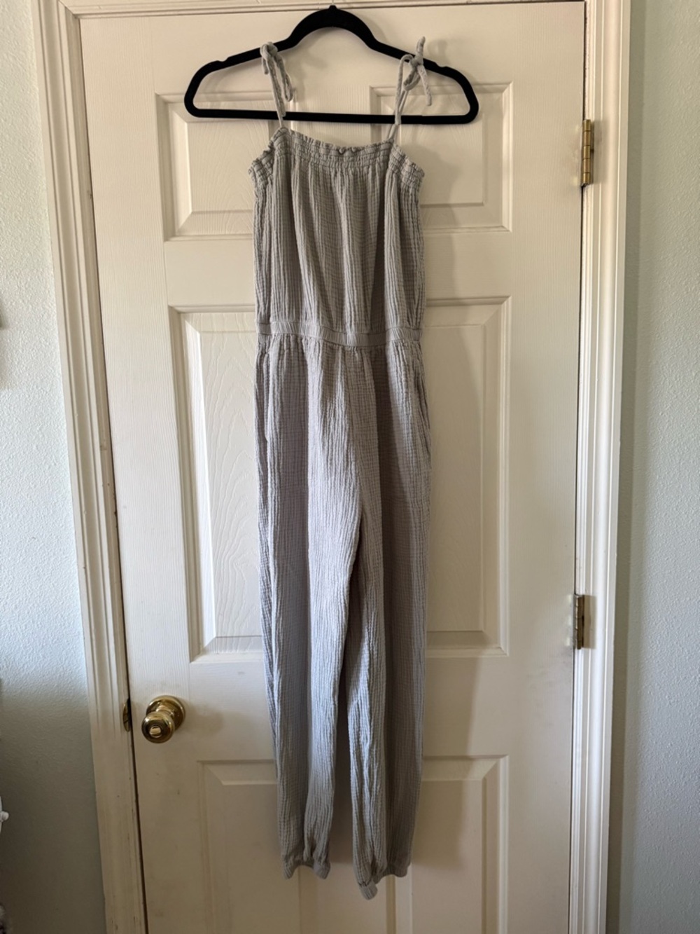 Z Supply Light Gray Smocked Tie-Strap Jumpsuit